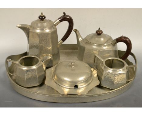 A Mayflower pewter four piece octagonal tea service on tray, pattern 2604; a similar preserve dish and cover (6)