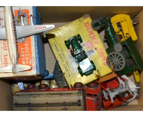 Dinky Supertoys - 562 Dumptruck;  401 Fork Lift Truck; both boxed;  Coles Mobile Crane; Tractor & Massey Harris Manure Spread