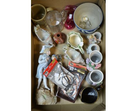 Ceramics & Glass - a 19th century fairing, other bisque figures;  a Wedgwood blue jasper planter;  a pair of cranberry glass 