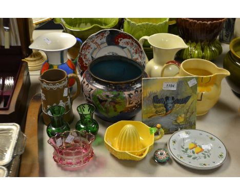 A Susie Cooper jug; a Carlton Ware lemon juicer; a cloisonne bowl; a Victorian sprigged jug; a glass millefiori paperweight; 