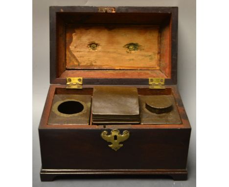 A 19th century rectangular mahogany tea caddy, triple removable canisters, brass handle