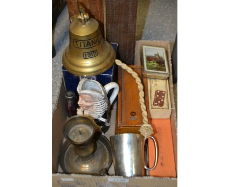 A reproduction Titanic brass bell ; a Chad valley domino set, others ; tankards ; a brass chamber stick ; etc 