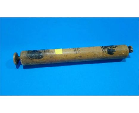 A Mauchline ware miniature rolling pin, featuring views of Burns Monument and Mausoleum