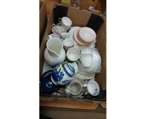 Tray of assorted; Worcester tea pot, Doulton china etc.