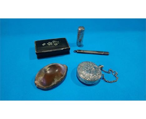 A shell snuff box, engraved Newcastle 1841, another horn snuff box, two scent bottles and a silver mounted pencil