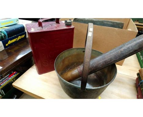 Esso petrol can, jam pan and telescope