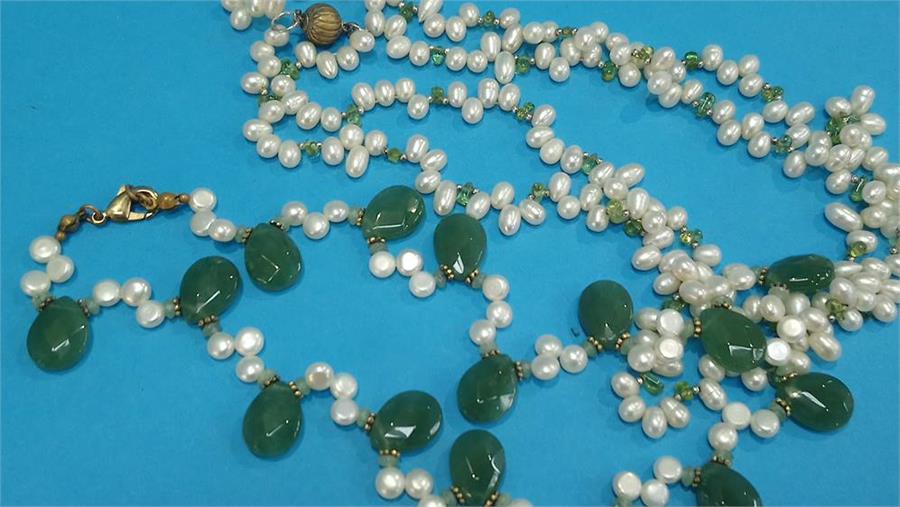 Two pearl and jade necklaces