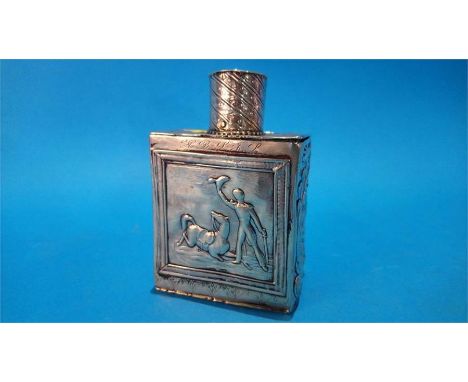A Continental silver coloured embossed tea caddy. 8 oz.