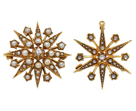 2 versch. Stern-Anhänger/Broschen,England Ende 19. Jh. a) 9 kt GG, mittig besetzt m. 1 kl. Altschliff- Diamant v. ca. 0,10 ct