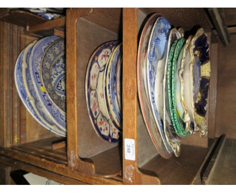 Various blue and white meat plates and other Victorian plates, as found
