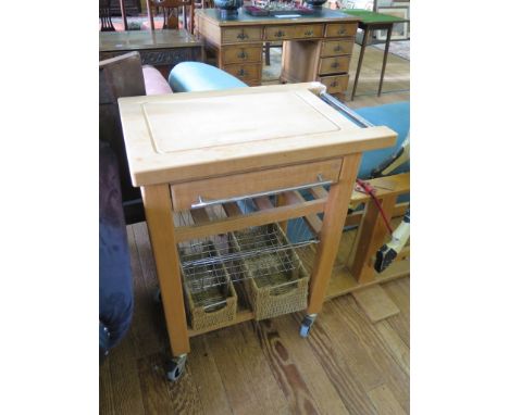 An ash food preparation trolley with cutlery drawer and wine basket, 67cm wide