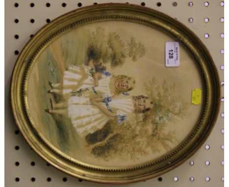 Edith Laraman Portrait of two sisters dressed in white and blue ribbons Watercolour and white Signed and dated 1853, 28cm x 2