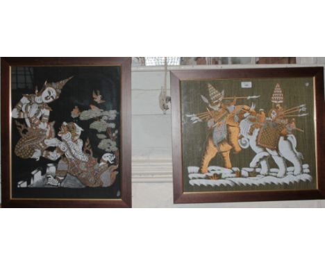 A Tibetan screen print on fabric of two elephants fighting, 42cm x 50cm, and another