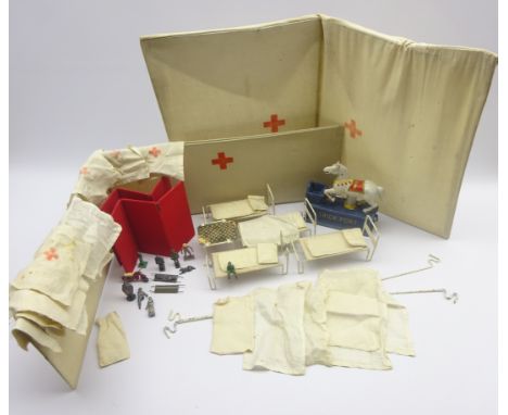 Tessted Toys British Dolls' Field Hospital, with Red Cross tent, four beds, table and two screens with matched Britains, Dink