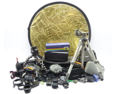 Quantity of photography equipment including - Manfrotto 496RC2 compact ball head tripod top on adjustable tripod stand, Rode 