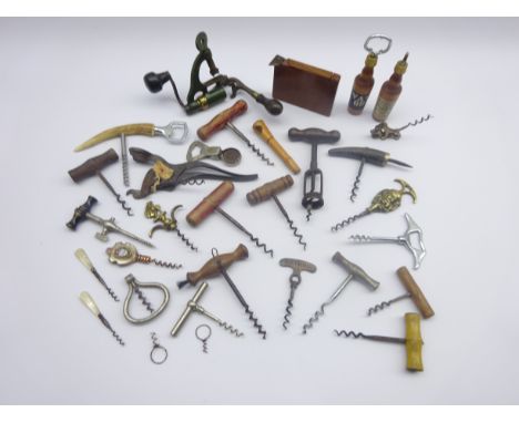 Victorian Lunds Lever patent action two-piece cork screw, Victorian Hercules corkscrew, twenty-six other corkscrews/bottle op