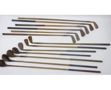 Collection of thirteen 19th/early 20th century hickory shalfted golf clubs, makers include; St.Andrew Golf Co. 'Mashie', Jame