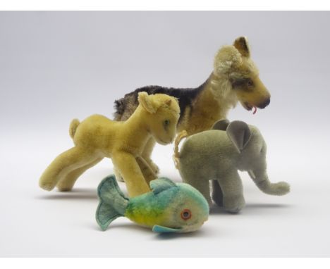 Four 1950s and 1960s Steiff Mohair Plush Animals, comprising standing Elephant, Goat, fish and Alsatian, L30cm (4)