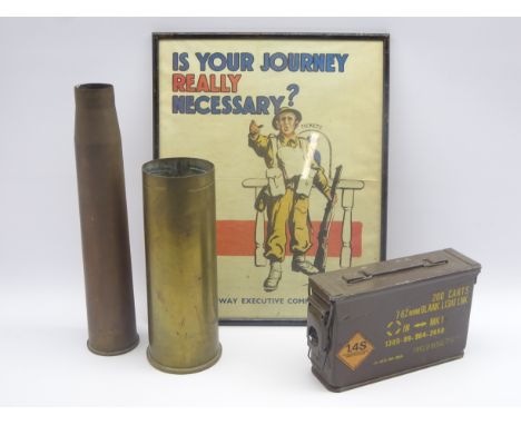 Framed print of a WW2 poster entitled 'Is Your Journey Really Necessary?' 50 x 40cm, two brass shell cases dated 1943 and 198