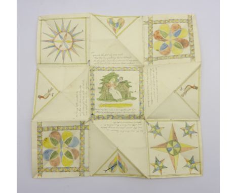 George IV folding valentine card of square form with manuscript verses and coloured illustrations in nine panels to each side