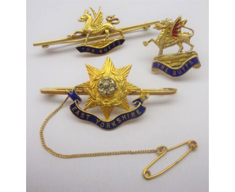 The Buffs Regimental 9ct gold enamel sweetheart brooch &amp; another 9ct brooch and East Yorkshire 15ct gold enamel sweethear