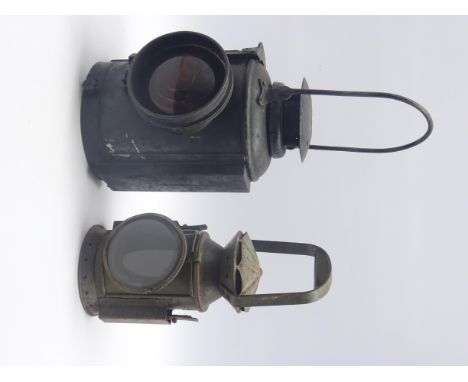 Black painted Adlake non-sweating railway signal lamp marked B.R.(E) with bull's eye lens and swing handle H30cm and another 