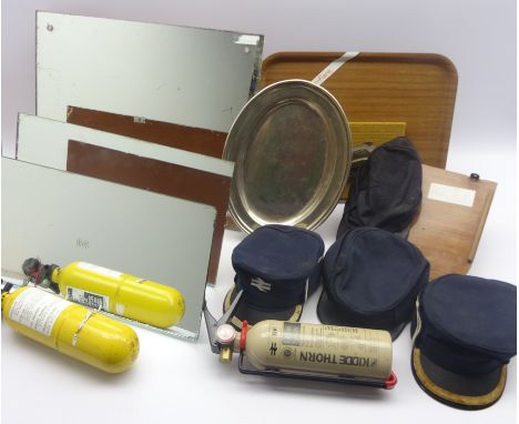 Three B.R. frameless mirrors, two B.R. fire-extinguishers, LNER plated oval meat plate, wooden shelf bracket and four various