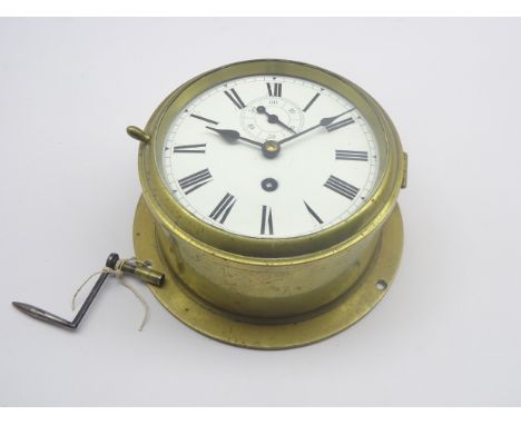 19th century bulk head clock, circular enamel Roman dial with subsidary seconds hand, single fusee movement with chaff-cutter