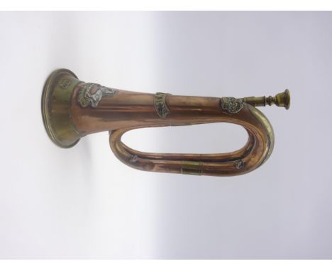 WWI copper bugle with The Kings (Liverpool) Regiment badge, no. 199665, H29cm 