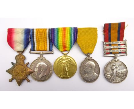 Boer/ WWI group of four medals comprising Queens South Africa Medal with three clasps - South Africa 1901, Orange Free State 