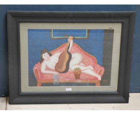 Oil painting portrait of voluptuous nude musician, bears signature F/G 36 x 50 cm (scratches/marks)