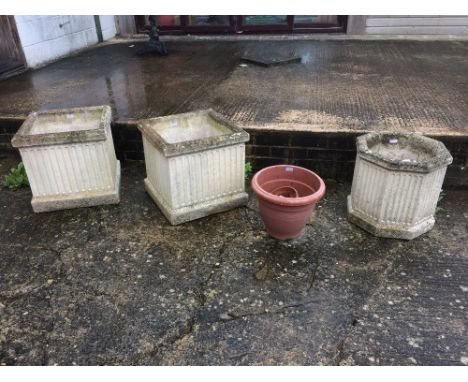 Pair of weathered composite stone planters & 1 single planter