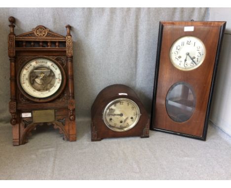 Edwardian oak cased barometer, wall clock & mantel clock (scratches/marks)