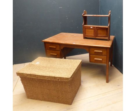 Edwardian oak desk 76H x 135W cm, Victorian mahogany wall cabinet & wicker style basket/trunk (scratches/marks)