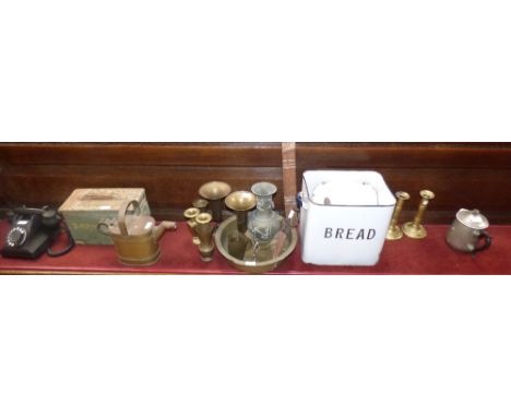 2 Indian daggers, enamel bread bin & various brass items etc.
