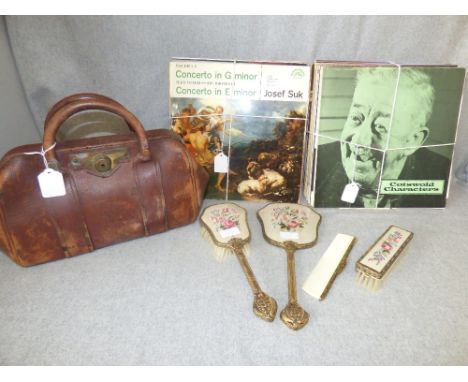 Vintage leather Gladstone bag, qty of various records & dressing table brush set (scratches/marks)