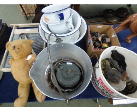 Qty of various horse brasses, novelty pencil sharpeners, vintage Teddy bear & enamel bowls etc. (scratches/marks)