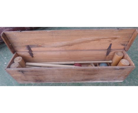 Vintage croquet set in pine box (scratches/marks)