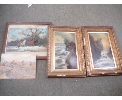 Pair of seascapes, hunting picture & print (scratches/marks/stains)