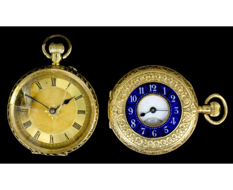 A late 19th Century Swiss lady's 18k gold half hunting cased keyless lever pocket watch, the white enamel dial with Roman num