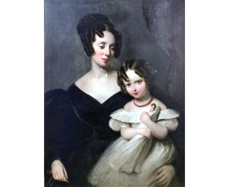 Early 19th Century Continental school - Oil painting - Half length portrait of a young woman with auburn hair and a young chi