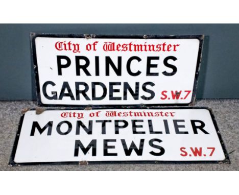 Two City of Westminster enamel rectangular road signs, "Princes Gardens, S.W.7", 15ins x 30ins, and "Montpelier Mews, S.W.7",