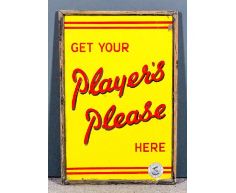 An early 20th enamel rectangular advertising sign, in red and yellow "Get Your Player's,  Please Here", 34ins x 22ins, in pai