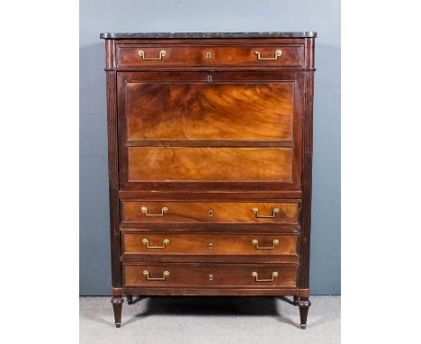 A 19th Century French mahogany Secretaire Abattant in the "Empire" manner, with grey marble slab to top, fitted one frieze dr