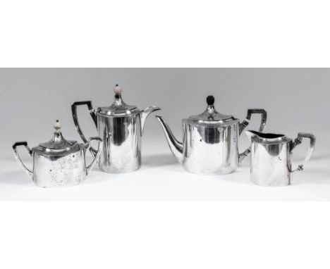 A Portuguese harlequin silver cylindrical four piece tea service with slightly domed covers with varied finials and angular l