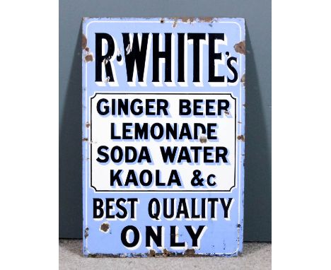 An early 20th Century enamel rectangular advertising sign in light blue, black, and white, "R. White's Ginger Beer, Lemonade,
