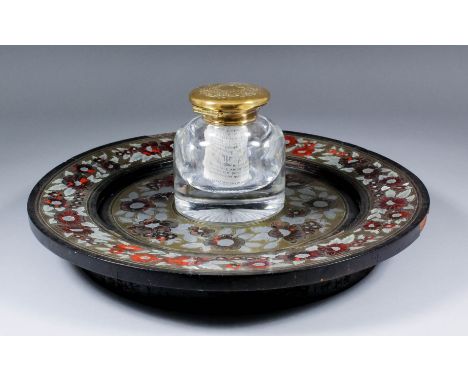 A 19th Century French Boulle circular inkstand of large proportions, inlaid in brass, tortoiseshell, pewter and mother-of-pea