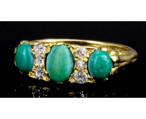 A modern 18ct gold turquoise and diamond set ring, the three oval cut turquoise interspersed by six small rose cut diamonds, 