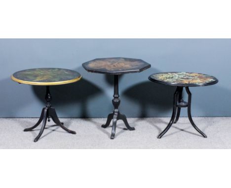 A Mauchline "Fernware" black lacquered octagonal occasional table with turned column and tripod base, 21.5ins square x 24.25i