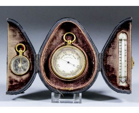 A late 19th Century French travelling barometer and compass set, with mercury barometer, in fitted leather case